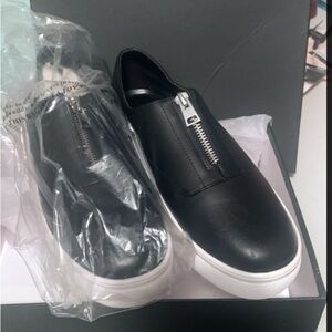 Steven By Steve Madden Black Leather Slip-On Shoes With Front Zipper